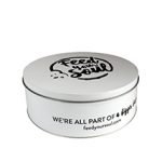 High-end custom cookie tin for Feed Your Soul brand, featuring a vibrant, durable printed design.