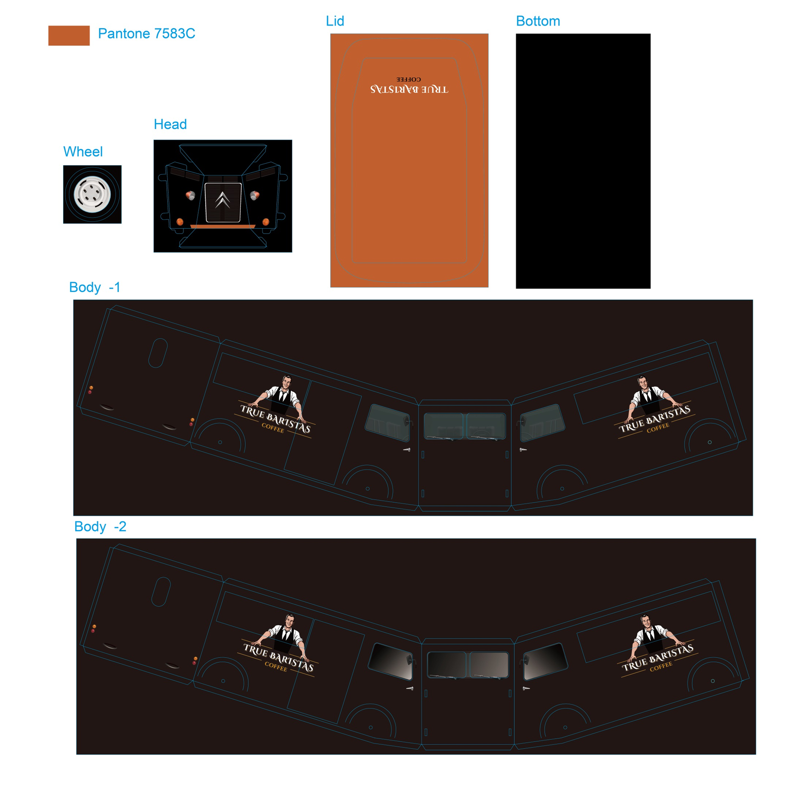 Technical printing artwork and dieline for a custom Citroen truck shaped coffee tin, showing Pantone 7583C color specifications.