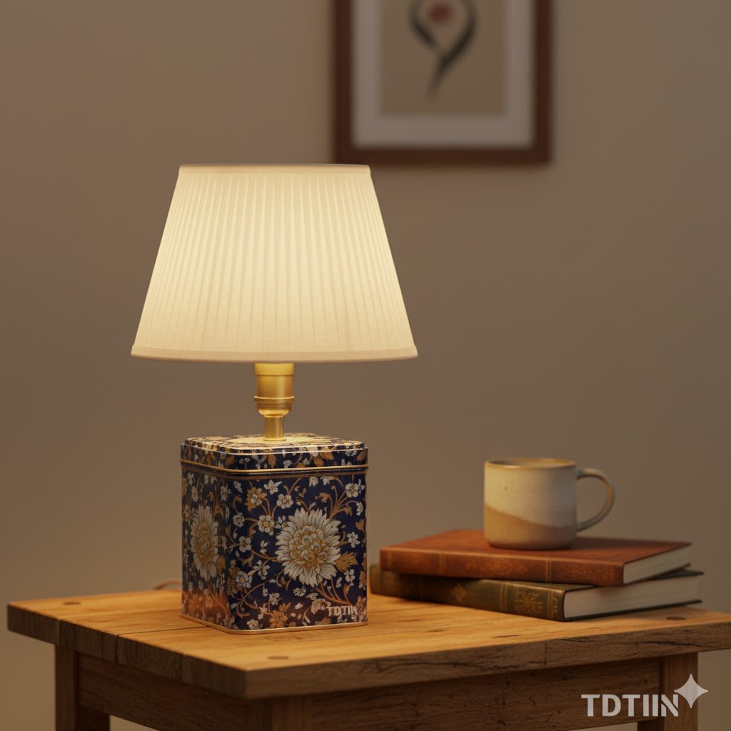 A creative DIY tea tin lamp repurposed from a vintage floral loose tea tin, showcasing the sustainable second life of TDTIN's metal packaging.