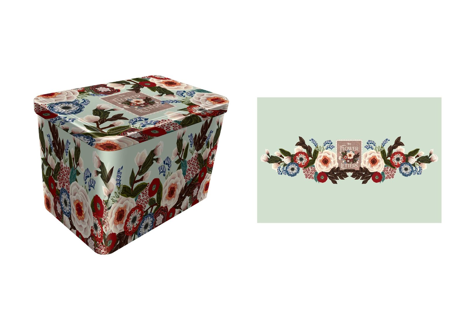 Detailed floral print stationery tin produced for The Flower Letters, showcasing high-definition CMYK printing and smooth matte finish on a custom metal gift box.