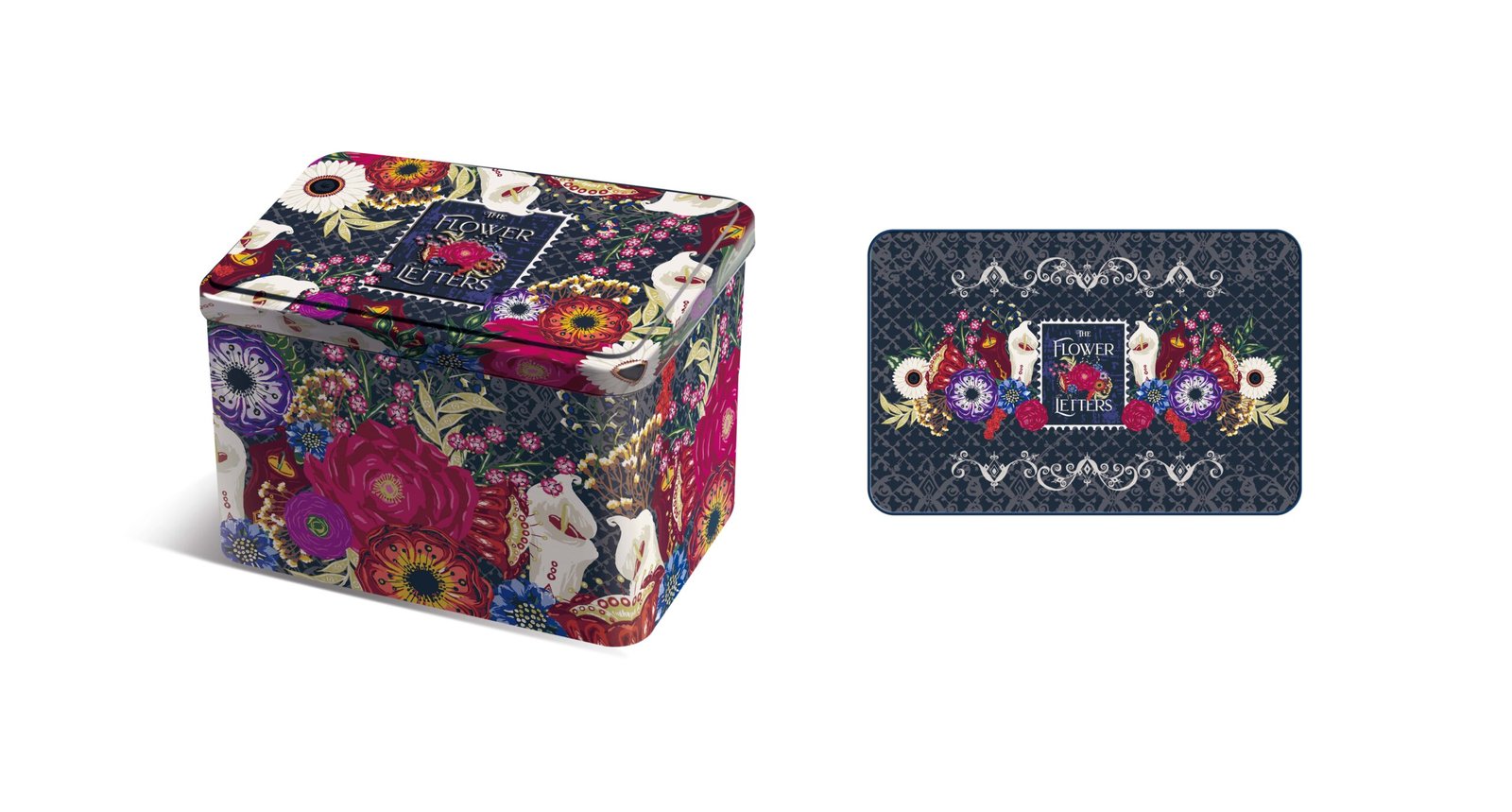 Intricate botanical design for stamp and letter storage tins, demonstrating TDTIN's capability in high-precision artistic metal packaging for luxury stationery brands.