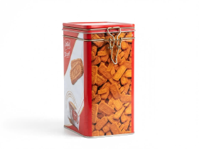 Tall rectangular tin box featuring a durable metal latch mechanism for secure sealing, available from a custom tin box manufacturer.