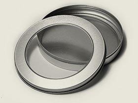 Tin box with clear window lid for product display from a leading tin box manufacturer.