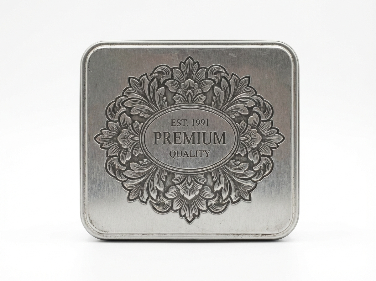 Premium lid with recessed debossing logo design manufactured by an expert tin box manufacturer.