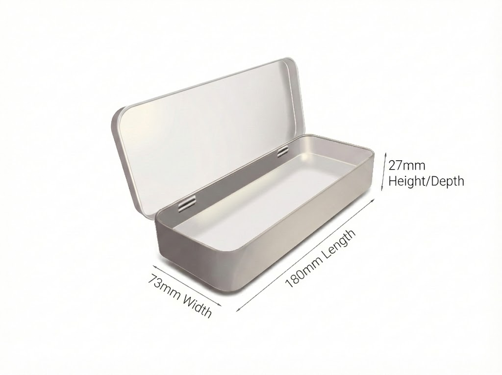 Diagram showing how to measure a rectangular hinged tin box: Length 180mm (longest side of opening), Width 73mm (shorter side), Height 27mm (distance from table to lid top).