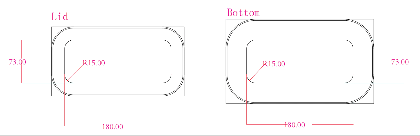 Die line diagram of a 180x73x27mm rectangular tin mold showing the lid and bottom with 15mm corner radius (R15), illustrating how rounded corners affect internal packaging space.