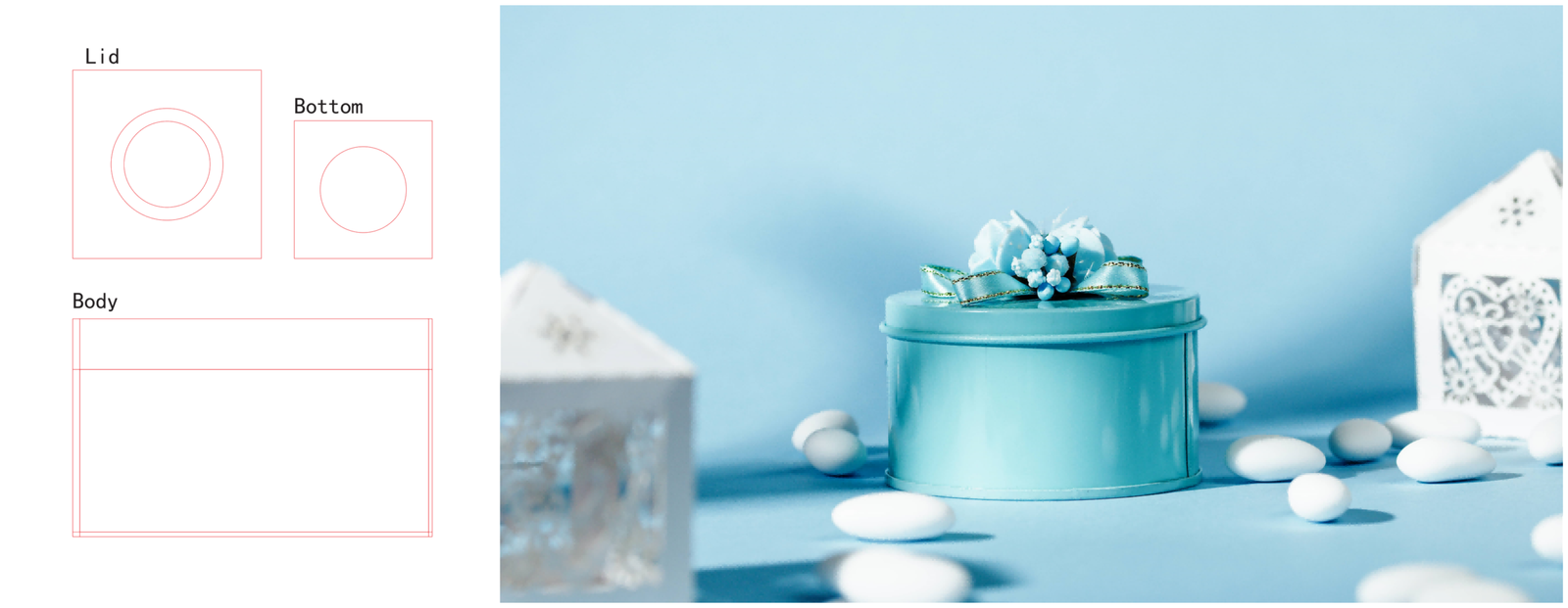 Technical die-line drawing (left) for a 95x180mm round cookie tin, shown next to the finished premium gift cookie tin (right) featuring a matching blue ribbon bow.