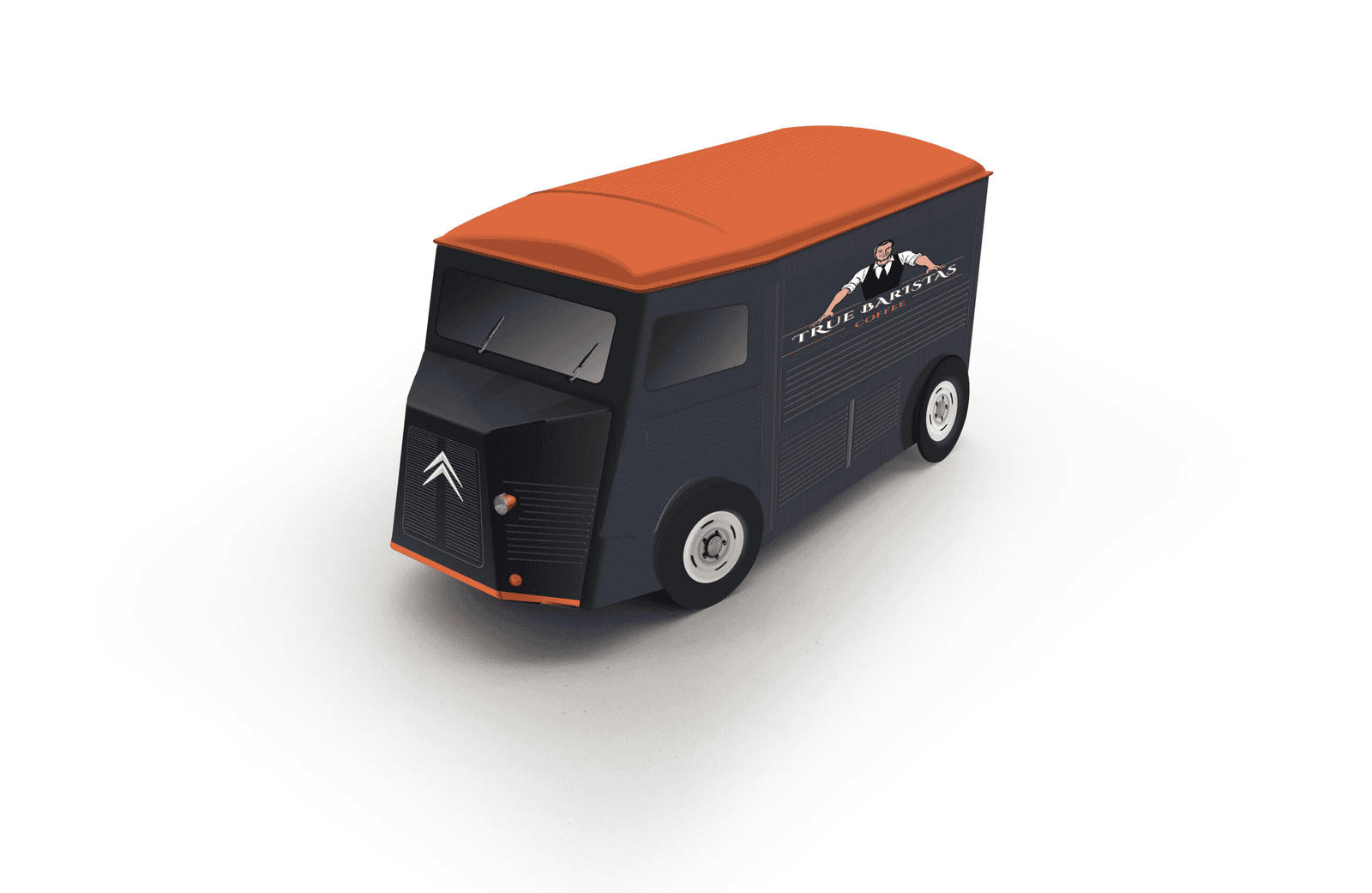 Design mockup of a black C-TRON truck-shaped tin with an orange lid