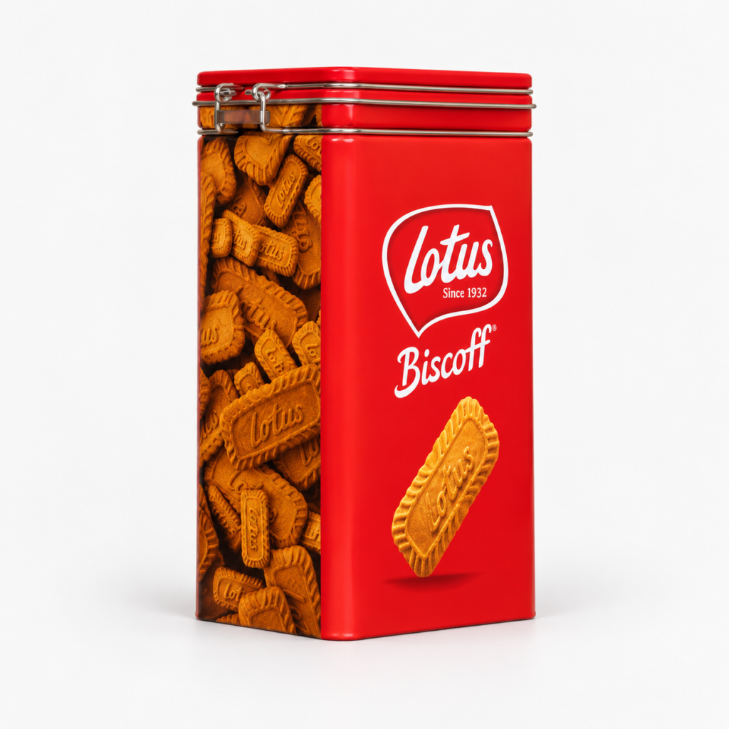 Red rectangular biscuit tin with a metal clasp closure